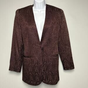 VTG Ann Taylor Jacquard Holiday Academia Burgundy Wine Maroon Blazer Womens Sz M